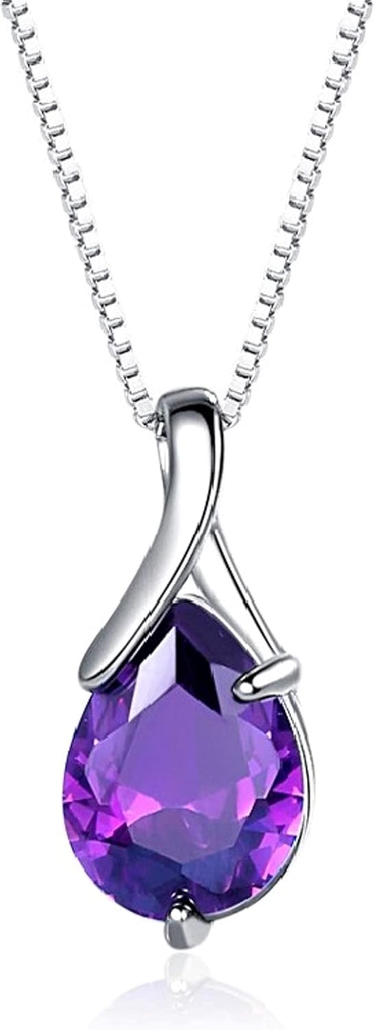 Bellitia Jewelry Gemstone Pendant Women's Necklace with Natural Amethyst, 925 Sterling Silver Necklace with Birthstone, Ladies Women Girls Jewellery Set, Sterling Silver, Amethyst