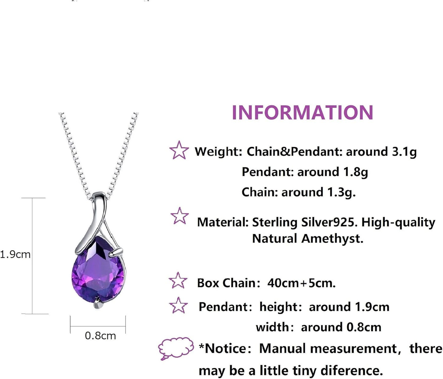 Bellitia Jewelry Gemstone Pendant Women's Necklace with Natural Amethyst, 925 Sterling Silver Necklace with Birthstone, Ladies Women Girls Jewellery Set, Sterling Silver, Amethyst