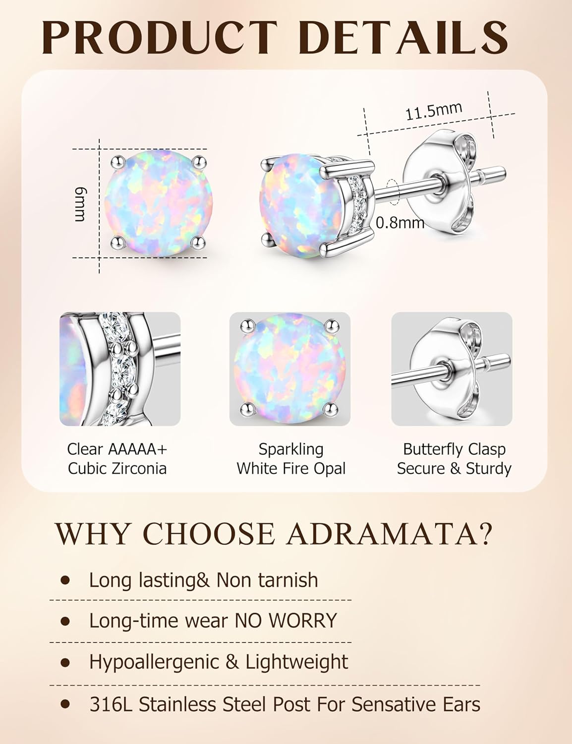 Adramata Opal Stud Earrings - 18k White Gold Plated Stainless Steel Round Cut Simulated White Opal for Women 6mm, Stainless steel and opal