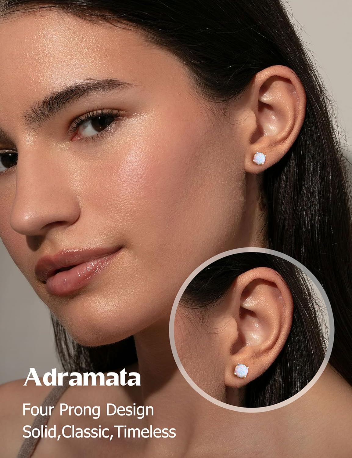 Adramata Opal Stud Earrings - 18k White Gold Plated Stainless Steel Round Cut Simulated White Opal for Women 6mm, Stainless steel and opal