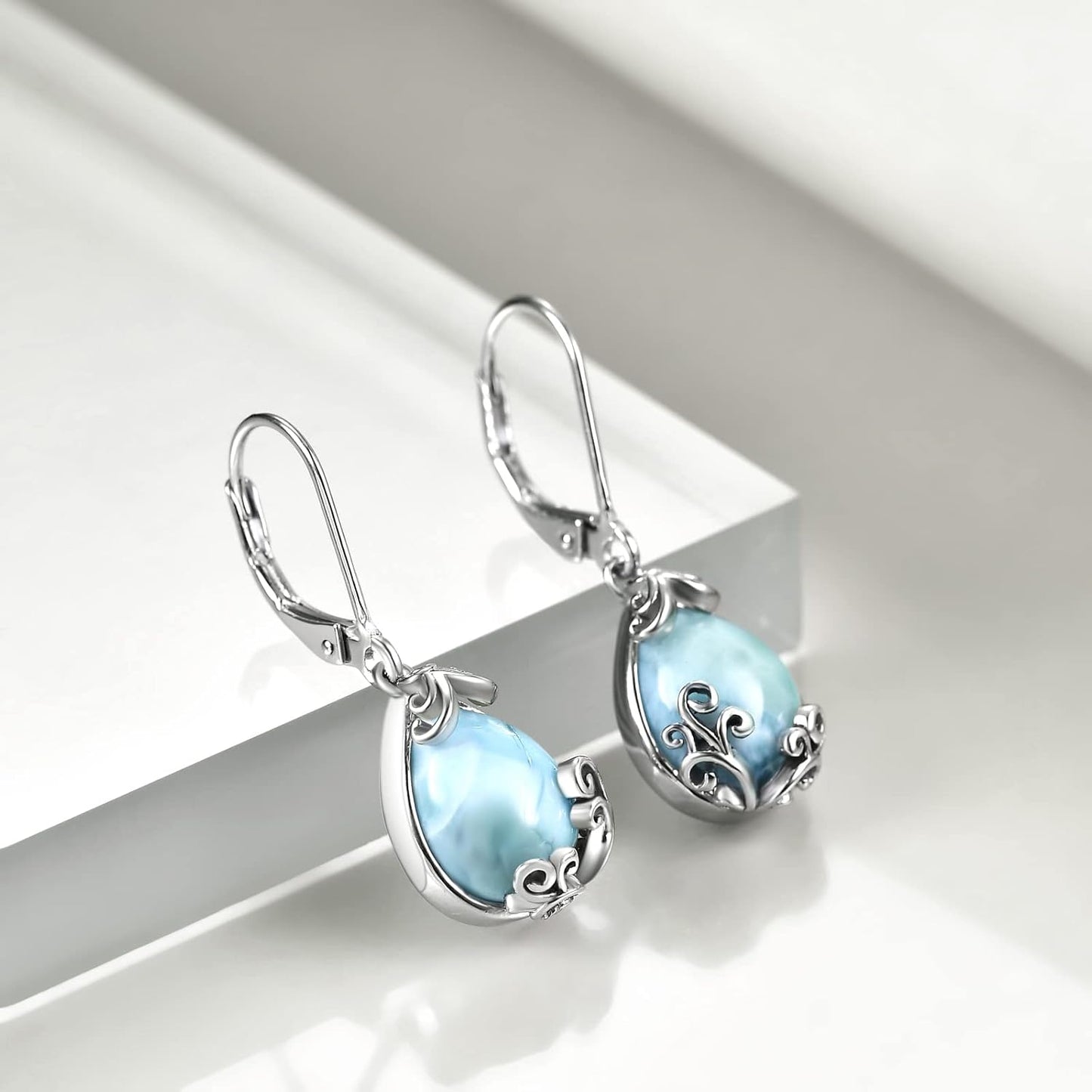 POPLYKE Celtic Moonstone Filigree Teardrop Drop Dangle Earrings Sterling Silver Leverback Earrings Jewelry