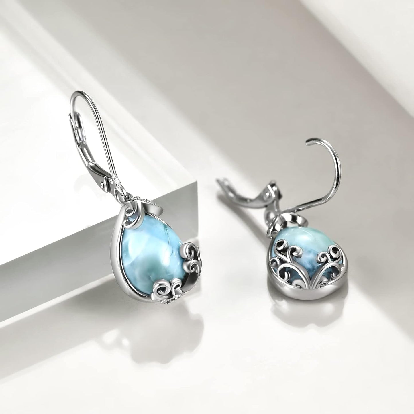 POPLYKE Celtic Moonstone Filigree Teardrop Drop Dangle Earrings Sterling Silver Leverback Earrings Jewelry