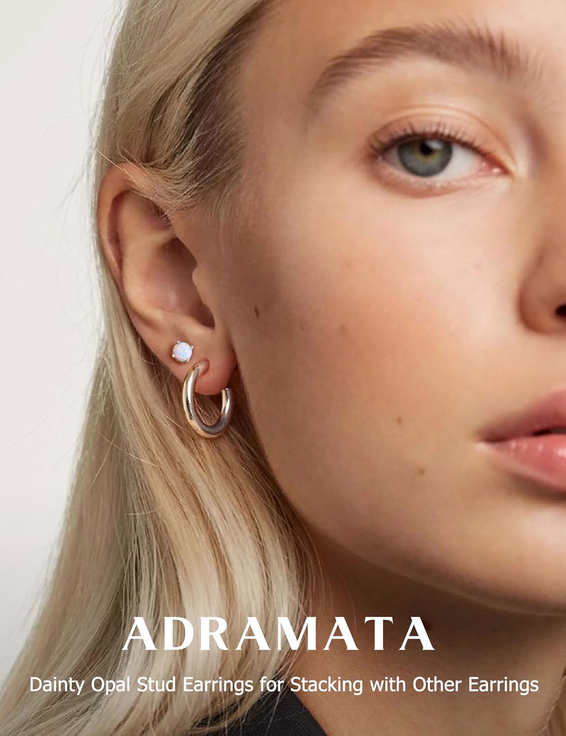 Adramata Opal Stud Earrings - 18k White Gold Plated Stainless Steel Round Cut Simulated White Opal for Women 6mm, Stainless steel and opal