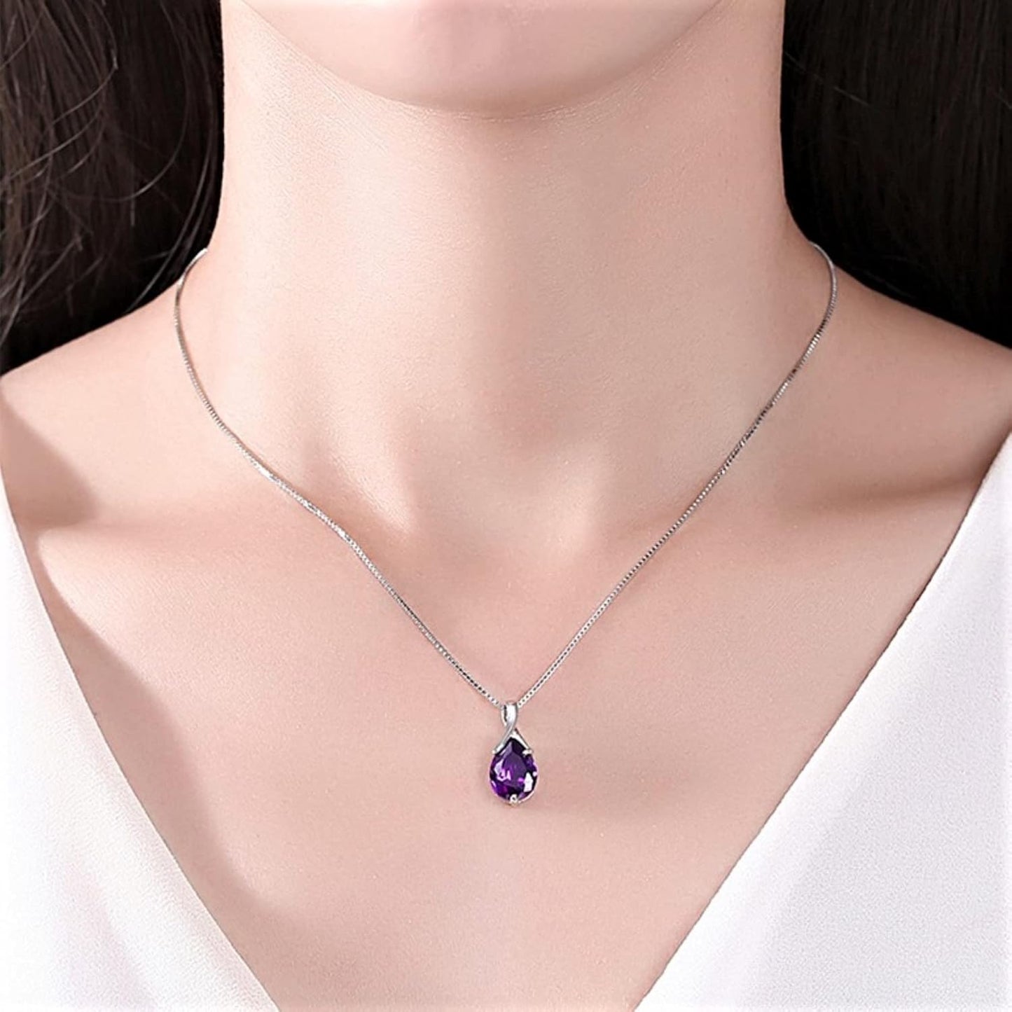 Bellitia Jewelry Gemstone Pendant Women's Necklace with Natural Amethyst, 925 Sterling Silver Necklace with Birthstone, Ladies Women Girls Jewellery Set, Sterling Silver, Amethyst