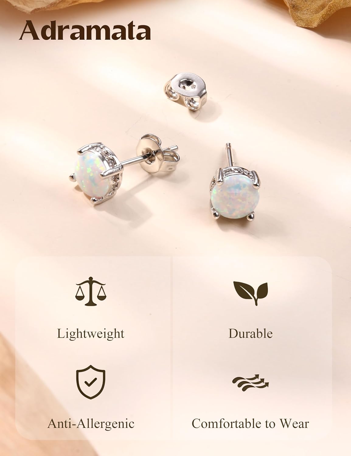 Adramata Opal Stud Earrings - 18k White Gold Plated Stainless Steel Round Cut Simulated White Opal for Women 6mm, Stainless steel and opal