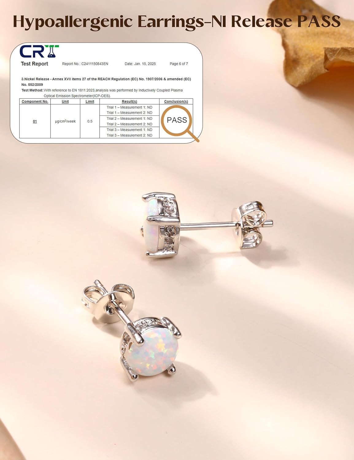 Adramata Opal Stud Earrings - 18k White Gold Plated Stainless Steel Round Cut Simulated White Opal for Women 6mm, Stainless steel and opal