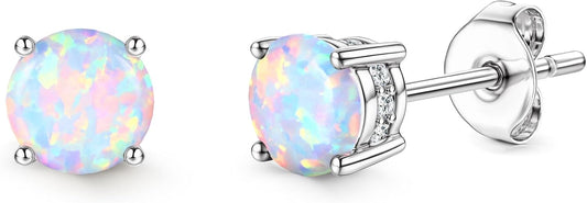 Adramata Opal Stud Earrings - 18k White Gold Plated Stainless Steel Round Cut Simulated White Opal for Women 6mm, Stainless steel and opal