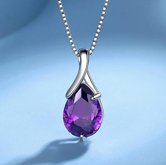 Bellitia Jewelry Gemstone Pendant Women's Necklace with Natural Amethyst, 925 Sterling Silver Necklace with Birthstone, Ladies Women Girls Jewellery Set, Sterling Silver, Amethyst